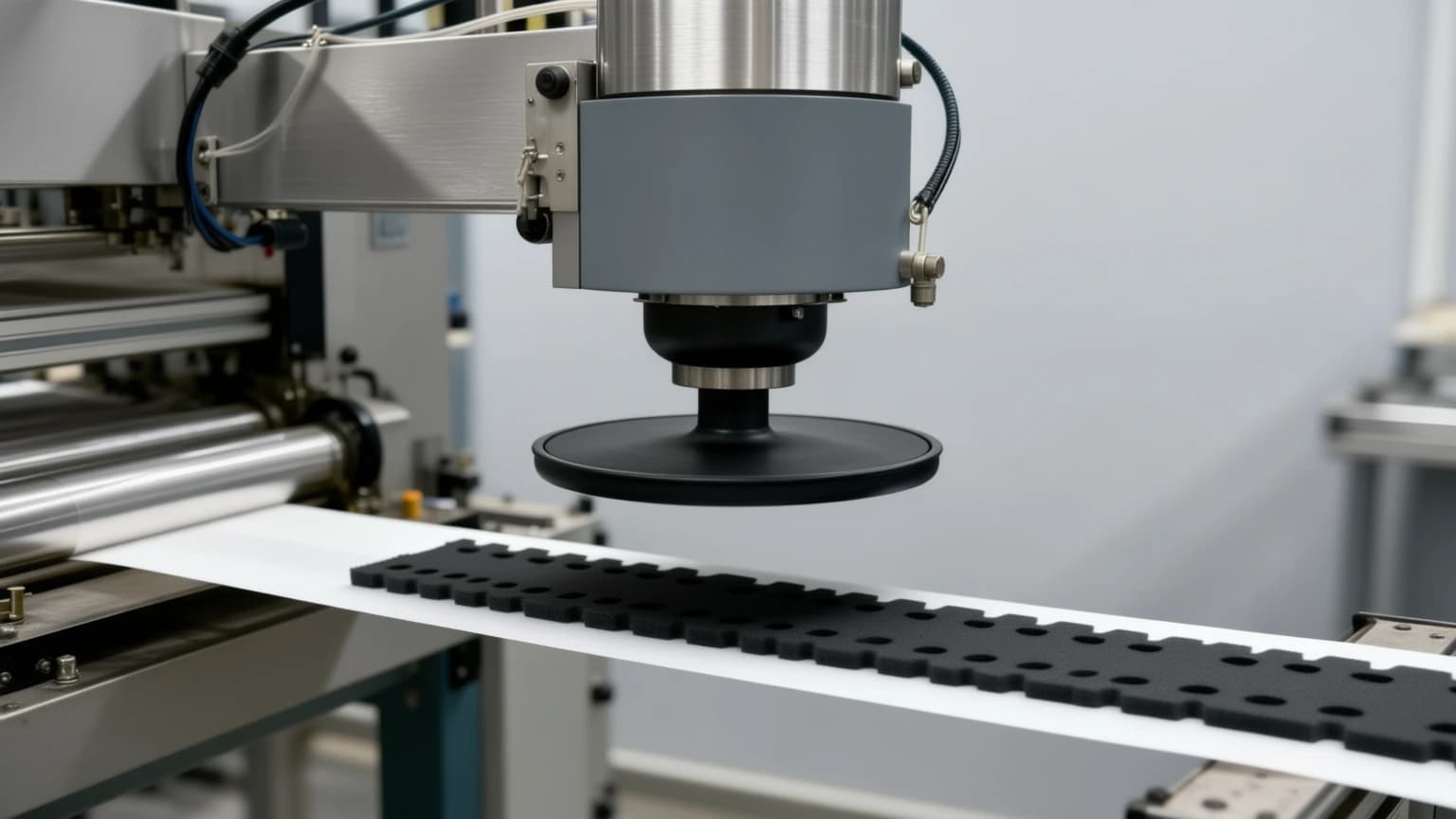 A flat vacuum suction cup on an automated pick-and-place head, approaching a line of black die-cut parts carried on a white liner web
