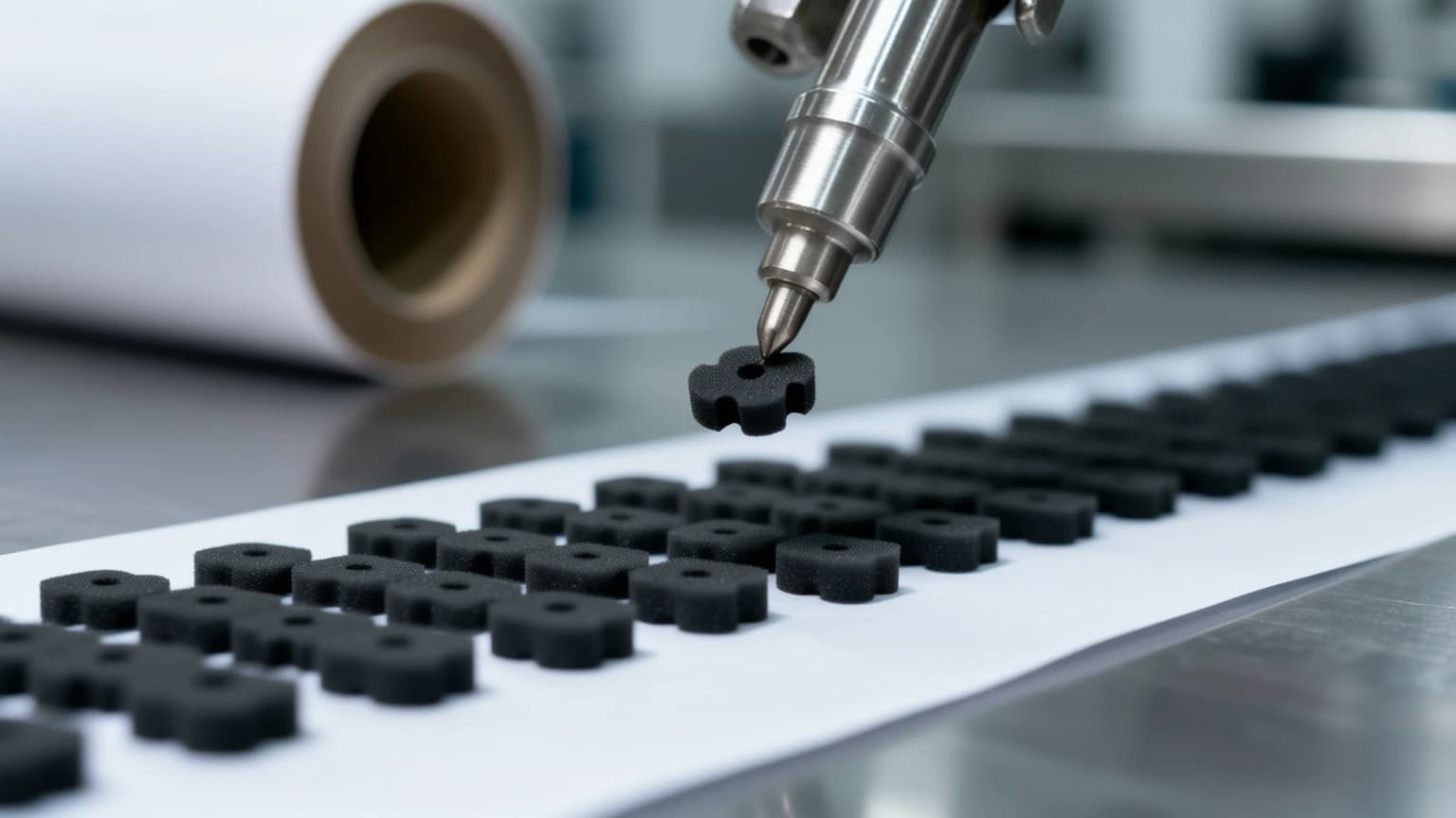 A steel vacuum nozzle holding one black die-cut foam part above a white liner web, with more identical parts arranged at a regular pitch on the liner